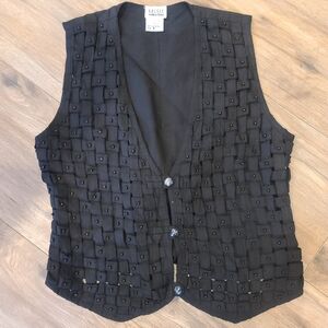 Vintage Halsey Collection Black Beaded Vest Basketweave Pattern Size Small EUC